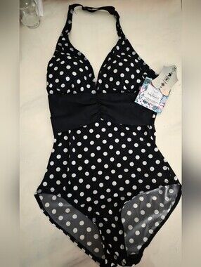 Body Beautiful Retro Polka Dot Shaping Swimsuit - One Piece Petite Slimming NWT